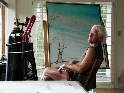 Hal in his dockside studio amongst the mangrove at Happy Bayou,  with new canvas in progress... Honeymoon by Heart... Florida is my Landscape Series. August 2011, Photo ©2011 B.J. Stowers