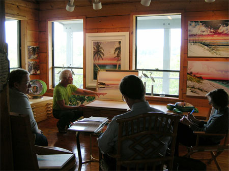 Left to right: LEEPA RATTNER MUSEUM OF ART Associate Curator and Registrar Becky Sexton Larson, Museum Director R. Lynn Whitelaw, and Education Coordinator Patricia Buster, with Hal at our studio – selecting works for his August 1-29, 2010 solo retrospective exhibition entitled "HAL STOWERS: Coastal Florida Fragilities"